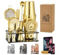 Jettory Boston - Set di 10 shaker da cocktail in acciaio inox, con base acrilica, colino da bar, pinza per ghiaccio, cucchiaio da bar, misurino, pestello, perfetto per il bar di casa (oro)
