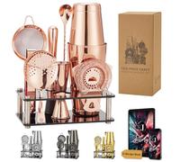 Jettory Boston - Set Shaker da Cocktail in Acciaio Inox, 10 Pezzi, Con Base Acrilica, Colino, Pinza per Ghiaccio, Cucchiaio, Misurino, Pestello, Perfetto per il Bar di Casa (Oro Rosa)