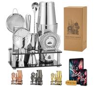 Jettory Boston Shaker Set da 10 Pezzi in Acciaio Inox Con Base Acrilica - Colino, Pinza per Ghiaccio, Cucchiaio, Misurino, Pestello - Perfetto per il Bar di Casa (Argento)