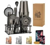 Jettory Boston Shaker Set da 10 shaker da cocktail in acciaio inox con base acrilica, colino da bar, pinza per ghiaccio, cucchiaio da bar, misurino, pestello, perfetto per il bar di casa (nero)