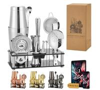 Jettory Boston Shaker Set - Set da Cocktail in Acciaio Inossidabile da 16 Pezzi con Base in Acrilico, Colino, Pinza per Ghiaccio, Cucchiaio da Bar, Misurino, Pestello, Versatori & Picks per Cocktail