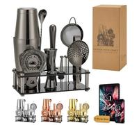 Jettory Boston Shaker Set - Set da Cocktail in Acciaio Inossidabile da 16 Pezzi con Base in Acrilico, Colino, Pinza per Ghiaccio, Cucchiaio da Bar, Misurino, Pestello, Versatori & Picks per Cocktail