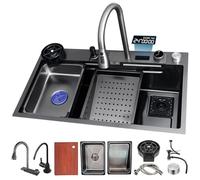 JETXYHUB 75 x 50 cm, con indicatore di temperatura, in acciaio inox, effetto cascata, grande lavello da lavoro, lavello singolo con montaggio a incasso, ideale per cucina, bar e camper