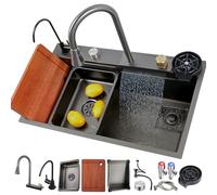 JETXYHUB Grande lavello in acciaio inox, 80 x 50 cm, con effetto cascata, per cucina e bar, realizzato a mano, con accessori completi, robusto lavello da lavoro