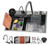 JETXYHUB Lavello da cucina versatile in acciaio inox, 80 x 50 cm, con indicatore di temperatura, design a cascata, con rubinetto estraibile e set completo di accessori