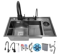 JETXYHUB Lavello da lavoro in acciaio inox, 86 x 50 cm, con funzione di gradini, colore nero, multifunzione, con lavavetri, portacoltelli e rubinetto estraibile, accessori completi per cucina e bar