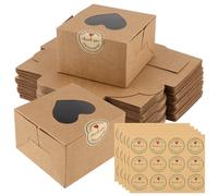 JEUIHAU 50 scatole marroni per cupcake da 10 cm, in carta kraft con finestra trasparente a forma di cuore, piccole scatole per dolci con adesivi per dessert, pasticceria, biscotti, piccole torte e