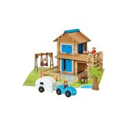 JEUJURA - Casa Vacanze - 185 pezzi - Gioco di costruzione in legno da 5 anni - Auto, Caravan e Accessori - Casa da costruire con Tappeto da gioco - Made in France - 8017