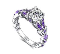 Jeulia Anelli di farfalla in pietra preziosa simulata Set da sposa in argento sterling con taglio tondo Set di pietre preziose Birthstone Zaffiro Blu CZ Anelli (Viola, 13)