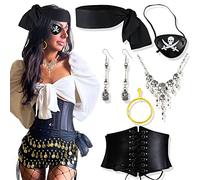 JeVenis Costume Da Pirata Nero Set Di Accessori Fascia Pirata Collana Con Orecchini Wrap Eye Patch Cintura In Vita Halloween Capitano Pirata Costume Carnevale Musica Festival Outfit