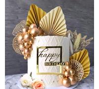 JeVenis Decorazione per Torta con Rose di Champagne, Foglie di Palma, Palline d'Oro e Cake Topper 'Happy Birthday' - Compleanno - Platino
