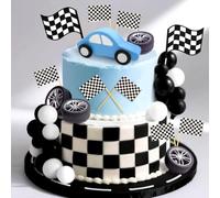 JeVenis Decorazioni per torta auto da corsa Topper per torta con bandiera a scacchi Topper per torta crescendo due decorazioni di compleanno veloci veloci uno veloce tre bisogno quattro velocità