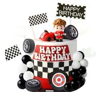 JeVenis Decorazioni per torta auto da corsa Topper per torta con bandiera a scacchi Topper per torta crescendo due decorazioni di compleanno veloci veloci uno veloce tre bisogno quattro velocità