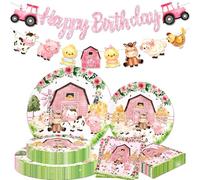 JeVenis rosa kit compleanno tema fattoria con piatti carta animali stoviglie monouso striscione accessori regali per 10 ospiti