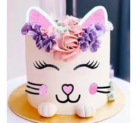 JeVenis Topper per torta a forma di gatto, con orecchie di gatto, ciglia, set di decorazioni per torte per feste di compleanno a tema gatto, carino miao, festa di compleanno, ragazzo ragazza, baby