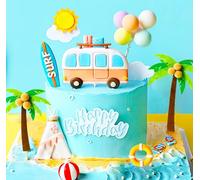 JeVenis Topper per torta di compleanno con tavola da surf, decorazione per torta a forma di autobus
