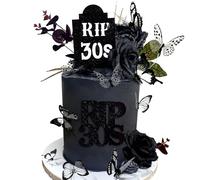 JeVenis Topper per Torta Rip to My 30s Decorazione Compleanno Gotica Anni '30 e '40, 2 Cake Topper 'Rip 30s', 2 Floreali, 12 Farfalla, Nero