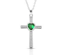 JEVLUH Collana con ciondolo a forma di croce e cuore in cristallo smeraldo, collana con croce e crocifisso, collana religiosa, collana per fede, verde