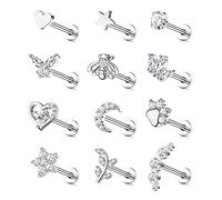 JewBella 12 Pezzi 16G Cartilagine Helix Orecchini per Donna Uomo Acciaio Chirurgico Filettato Internamente CZ Luna Cuore Stella Foglia Labret Monroe Naso Stud Piercing Conch Trago Helix Argento/Oro