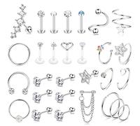 JeweBella 29PCS Piercing Orecchio Acciaio Chirurgico Orecchio per Donna Tragus Helix Piercing Cartilage Orecchini CZ Barbell Orecchini Cerchio Piercing Lip Nose Conch Daith Septum Piercing Gioielli