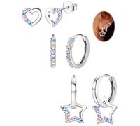 JeweBella 3 Paia Orecchini Argento 925 Cerchio Pendenti Zircone Cuore Stella Anallergici Set Bambina