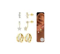 JeweBella 3 Paia Orecchini Argento/Oro Anallergici Placcato 14K Set Cerchio Argento 925 Ago Fiore Farfalline per Donna Bambina Piercing Orecchio