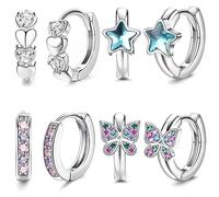 JeweBella 4 Paia Piccoli Orecchini a Cerchio Argento per Donna Ragazze Rosa/Blu Farfalla Cuore Stella Zirconio Orecchini a Cerchio Ipoallergenici Set di Orecchini Cartilagine Huggie Gioielli