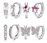 JeweBella 4 Paia Piccoli Orecchini a Cerchio Argento per Donna Ragazze Rosa/Blu Farfalla Cuore Stella Zirconio Orecchini a Cerchio Ipoallergenici Set di Orecchini Cartilagine Huggie Gioielli