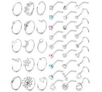 JeweBella 42Pcs Piercing Naso Acciaio Chirurgico per Donna Uomo Naso Cerchio Bottone Set Orecchini Trago Helix Conch Piercing Gioielli Argento 20G/18G