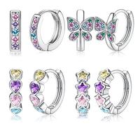 JeweBella 4Paia Set Orecchini a Cerchio Piccoli per Donna Ragazze Orecchini a Cuore Farfalla Stella Zircone Bambina Ipoallergenici Argento