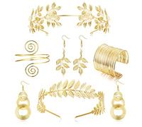 JeweBella 6 Pezzi Dea Greca Costume Accessori Set per Donna Dorato Romano Foglia Alloro Corona Fasce Capelli Braccialetto Bobina Perla Orecchini Pendenti Sposa Copricapo Festa Toga Cosplay Gioielli
