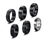 JeweBella 6PCS Stainless Steel Spinner Anello Nero Chain Ring Set - Vintage Punk Gothic Style for Engagement Promise - Size 14-30