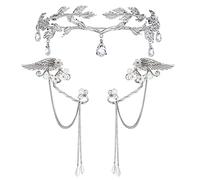 JeweBella Orecchini Elfo Tiara per Donna Argento Orecchini Polsini Foglie Diadema da Elfo Corona Orecchini Clip Set per Halloween Costume Cosplay Matrimonio