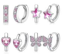 JeweBella Set 4 Paia Orecchini a Cerchio Ipoallergenici per Donna e Bambina - Cuore, Farfalla, Stella con Zircone - Anallergici in Argento