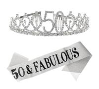 JEWEDECO Corona e Fascia Argento Decorazione Elegante Set 2 Pezzi Materiale in Pelle e Lega per Festa di Compleanno a Cinquanta Anni per Party di Compleanno