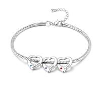 Jeweidea Bracciale da Donna Personalizzato con Pietra Natale Nome Inciso, Acciaio Inossidabile Catena Regolabile Cuore Ciondolo Argento Oro Regalo per Mamma, Nonna, Festa della Mamma Natale，Argento-3