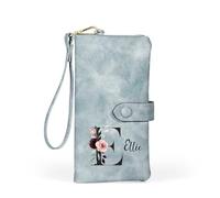 Jeweidea Portafoglio Donna Personalizzato con Nome Lettera Portafoglio Lungo in Pelle PU con Cinturino Carta Contanti ID Moneta Zip Regali per Mamma Moglie Nonna (Blu chiaro)