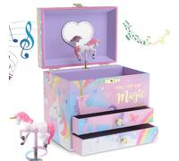 Jewelkeeper - Carillon Portagioie con Unicorno di Zucchero Filato con 2 Cassetti Estraibili - Melodia Beautiful Dreamer