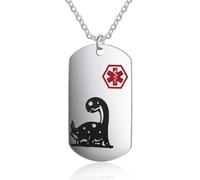 Jewelora Collana personalizzata per bambini con medaglietta per cani con ciondolo con dinosauro Avviso medico di emergenza SOS Informazioni ID allarme malattia per figlio Bambini Ragazzi (Dinosauro)