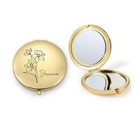 jewelora Specchietto da Borsetta Personalizzato con Incisione di Fiori di Nascita e Nome Specchio Trucco Specchio Portatile da Viaggio per Donne Ragazze Fidanzata Matrimonio (A-Oro)