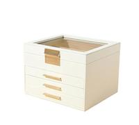 Jewelry Box With Clear Glass 4-Layer Storage Organizer With 3 Drawers Pu Surface Floating Base Modern Gift Idea Per Organizer(White)