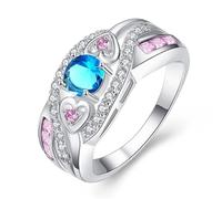 Jewelry Women's Exquisite Double Heart Rainbow Blue Pink White Topaz Amethyst Gemstone Silver Plated Ring Nice processing