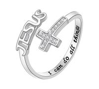 JewelryWe Anello da donna a forma di croce Ges¨´, con zirconi, con lettera di Ges¨´, aperto, regolabile, con incisione, Can Do All Things, religiosa fede cristiana, regalo in argento, zirconi