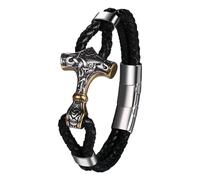 JewelryWe - Bracciale da Uomo Vichingo con Martello di Thor Steampunk in Pelle e Acciaio Inossidabile