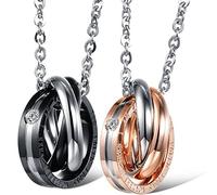 JewelryWe Gioielli Collana con Pendente da Uomo Donna Coppia, Colore Nero & Rose Oro Acciaio Inossidabile, Tre Anelli Ciondolo per Coppia, Catena Lunga 18"/20(con Regalo Borsa)