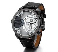 JewelryWe Grande Quadrante Rotondo Dual Time Zones Cool Uomo Visualizzare Fascia in Pelle Quarzo Orologio da Polso (Bianco)