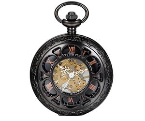 JewelryWe mezza Hunter orologio da tasca con catena nero quadrante Steampunk Mechanical Hand Wind Movement