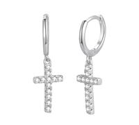JewelryWe Orecchini a cerchio da donna a forma di croce, in argento 925 | Orecchini a cerchio in argento 925 con zirconi, per tutti i giorni, Pasqua, chiesa e regali cristiani
