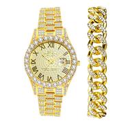 JewelryWe Orologio con Bracciale Catena da Uomo: Set Orologio alla Moda Diamante Lucido con Calendario Colore Oro Numero Romano