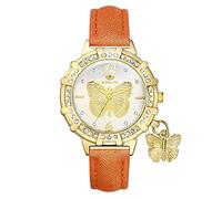 JewelryWe Orologio da donna Bohemian Butterfly, orologio rotondo con diamanti, orologio con cinturino in pelle, orologio analogico al quarzo con ciondolo a farfalla, arancione, striscia